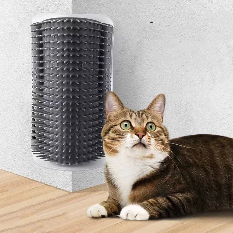 A tabby cat is sitting next to a black silicone massage brush for hair removal.