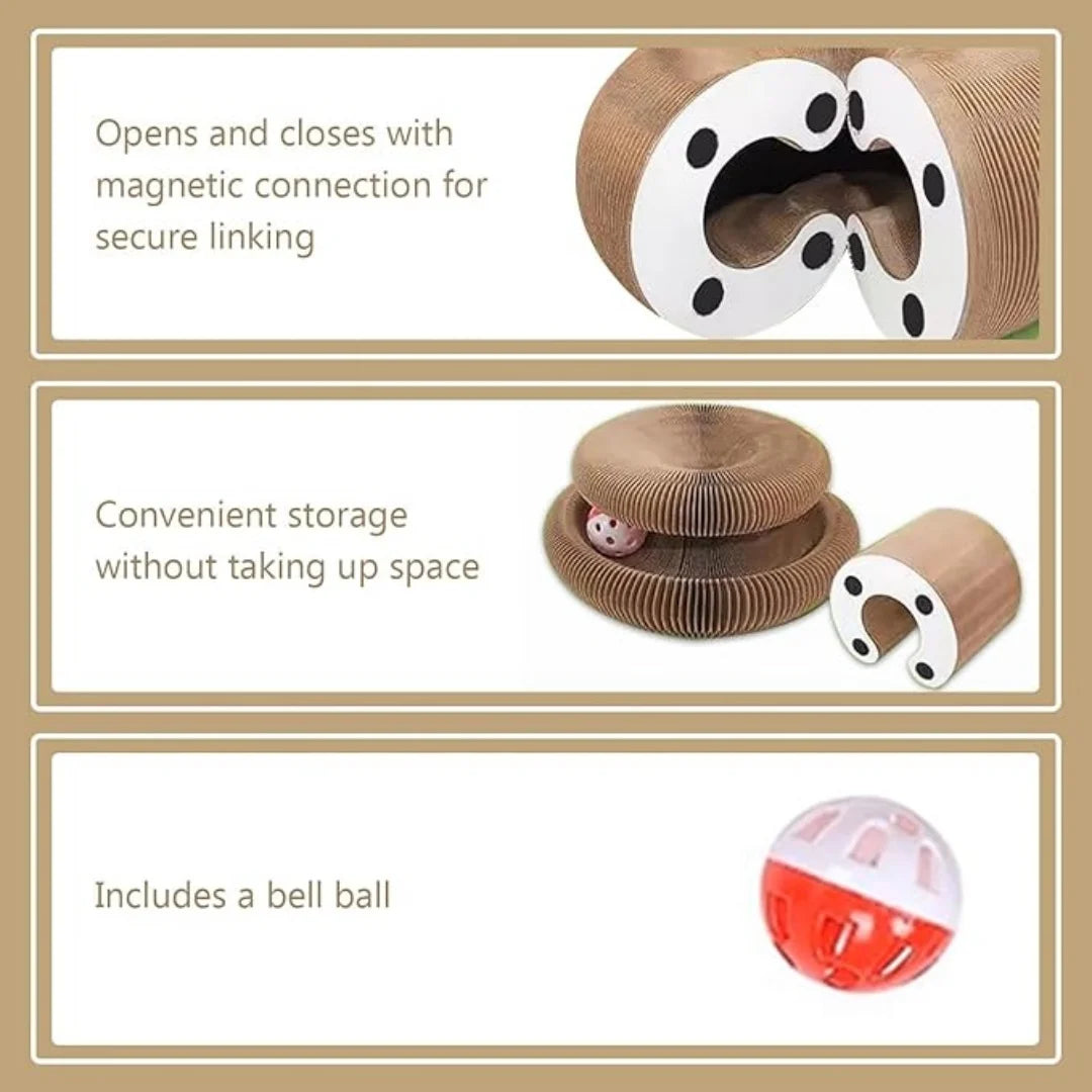 A brown foldable cat scratcher board with a magnetic connection, storage, and a ball.