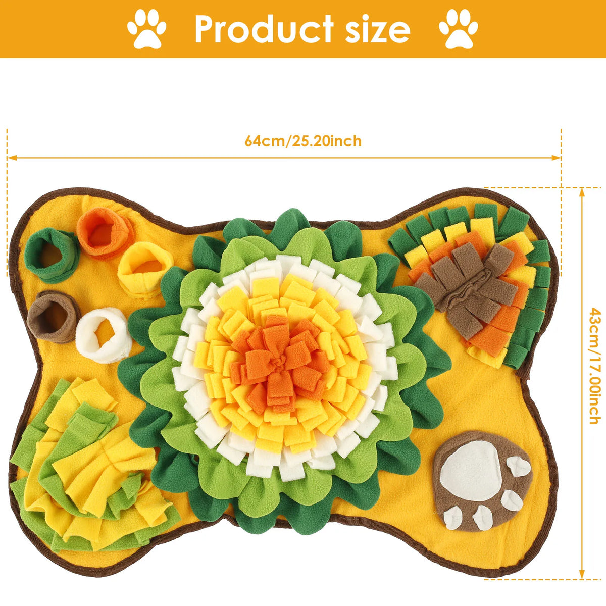 Yellow dog snuffle mat with a central flower design and paw print, measuring 64cm or 25.20 inches.