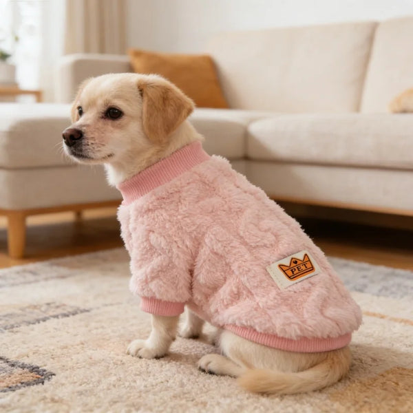 Ein goldener Hund trägt einen rosa Fleece-Pullover mit goldener Krone und sitzt auf einem beigen Teppich.