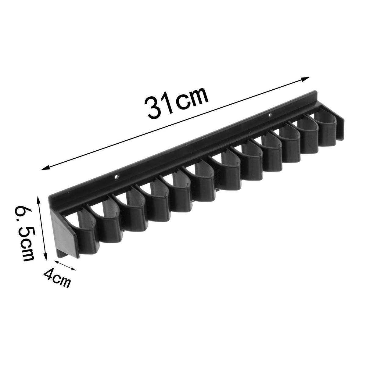 Black wall-mounted whip organizer rack with 12 slots, measuring 31cm long and 6.5cm high.