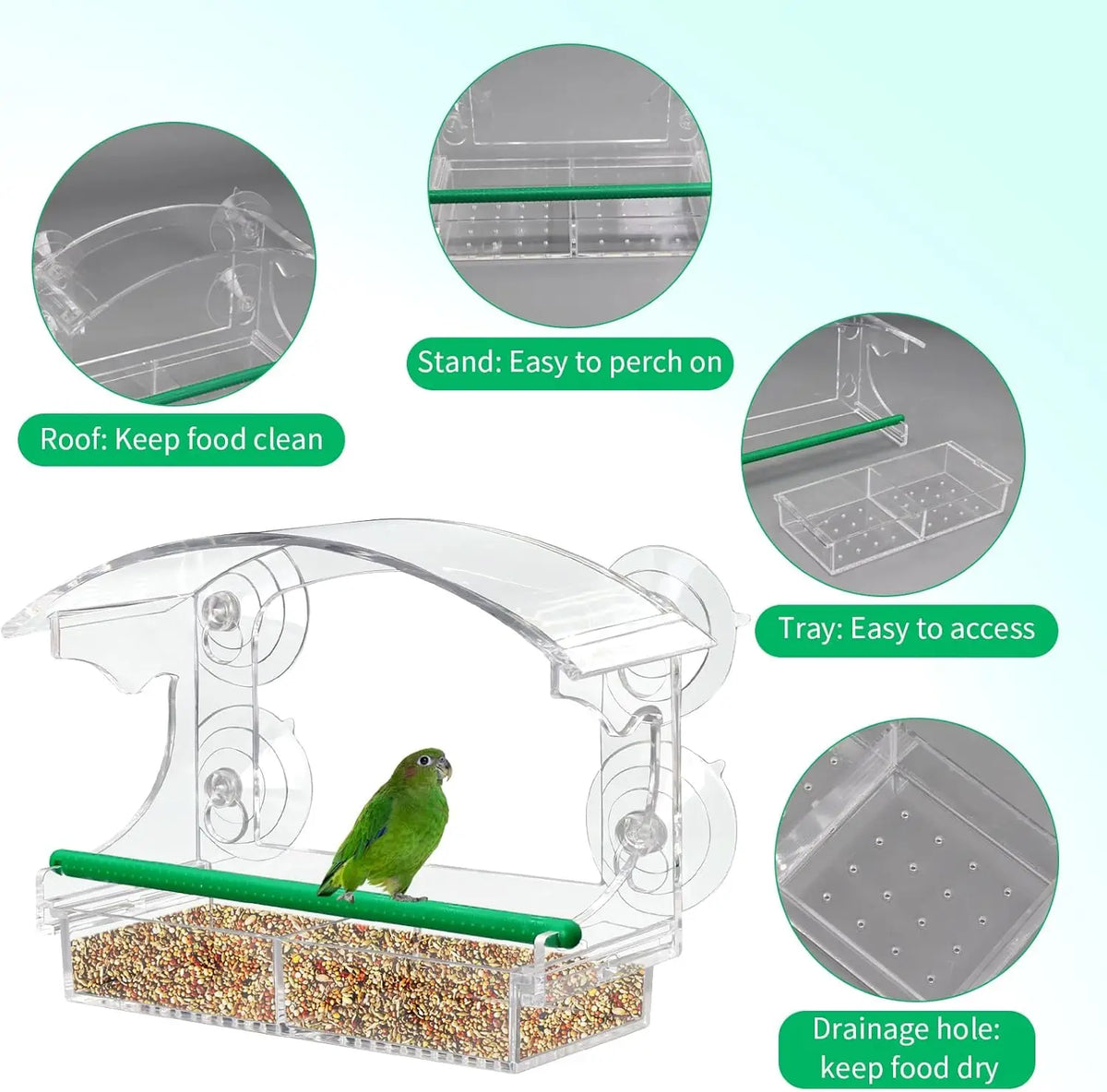 Acrylic window bird feeder with suction cups featuring a roof and tray for easy feeding.