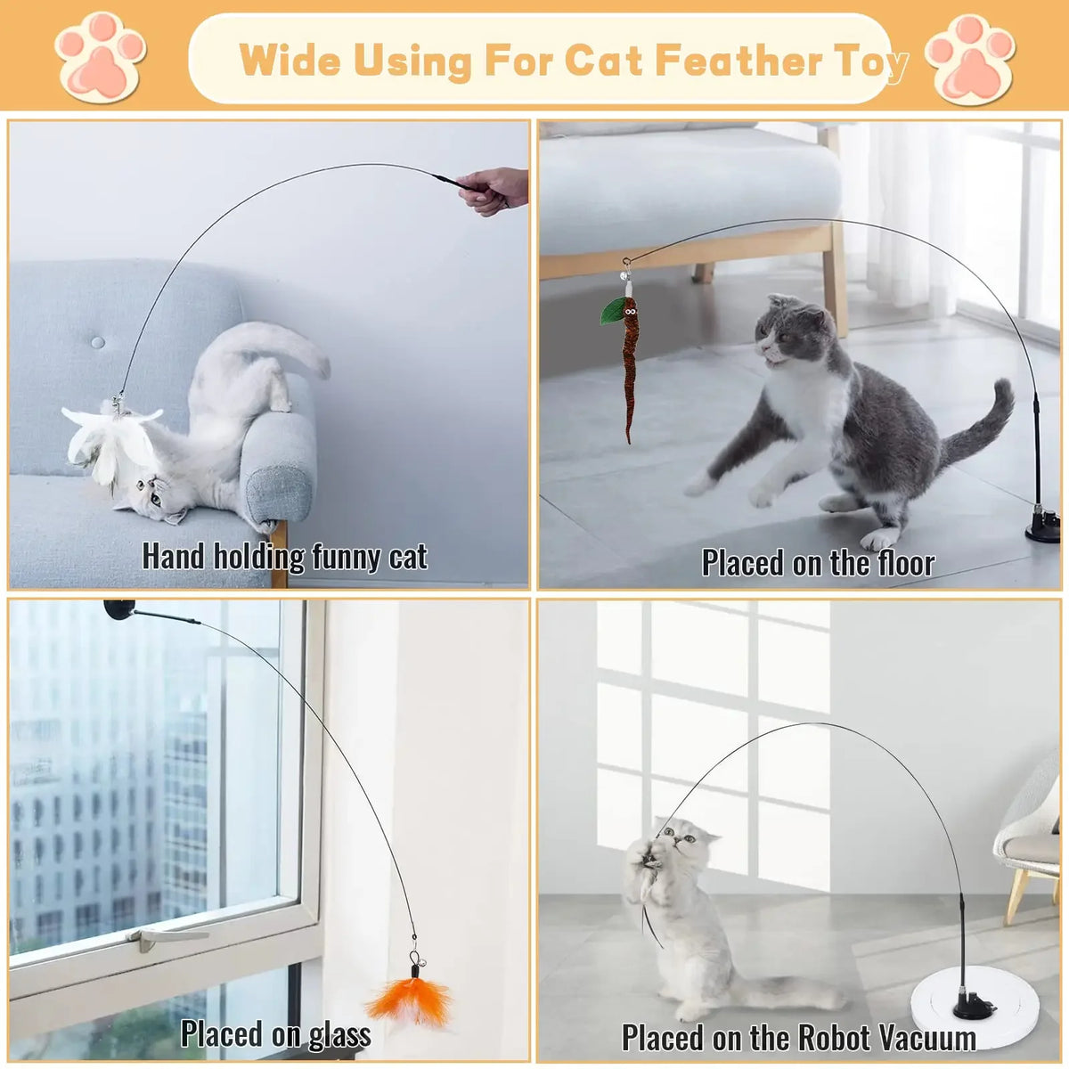Interactive cat feather wand toy shown being used on a cat, placed on the floor, glass, and a robot vacuum.
