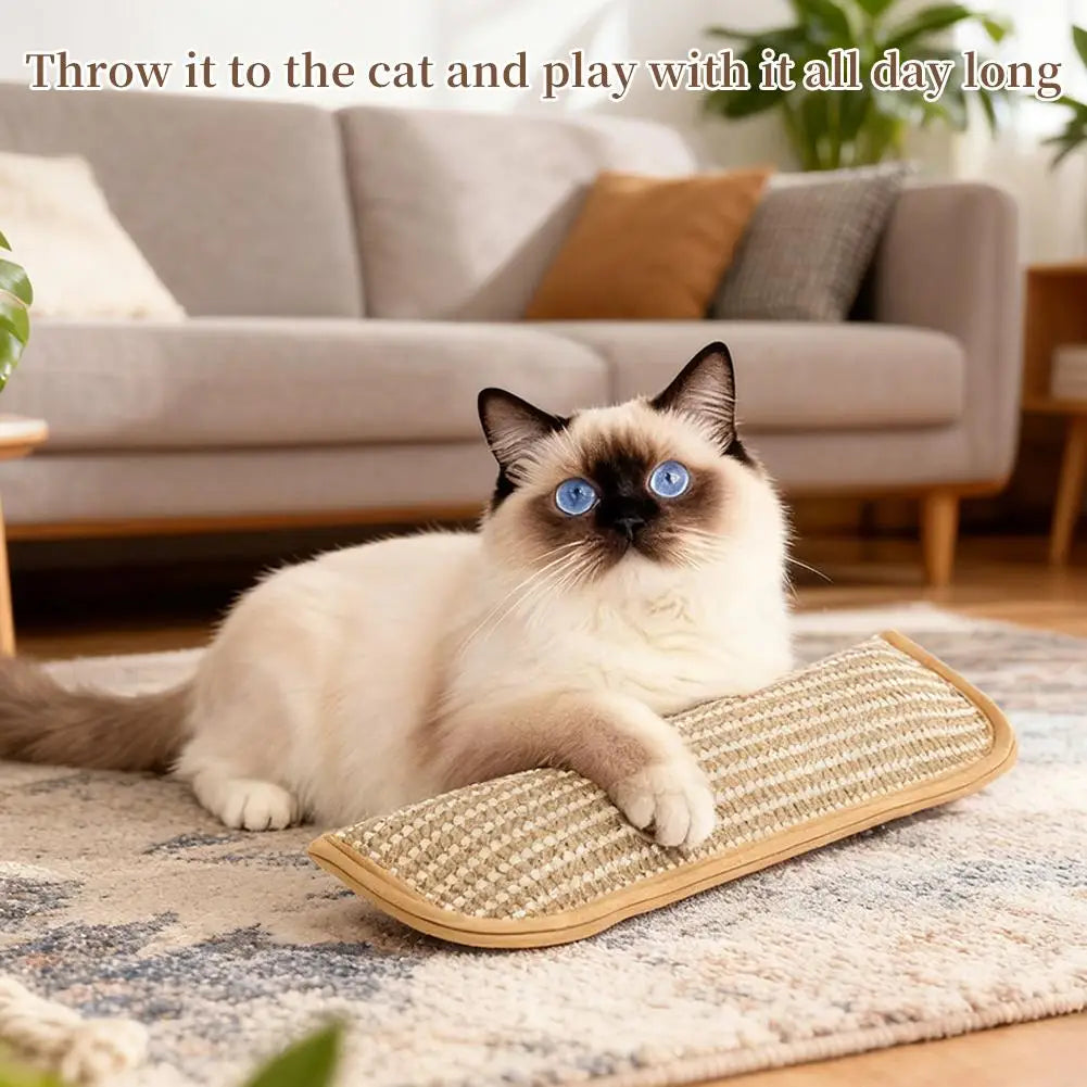 A fluffy gray cat is relaxing on a sisal scratching pad toy for indoor play.