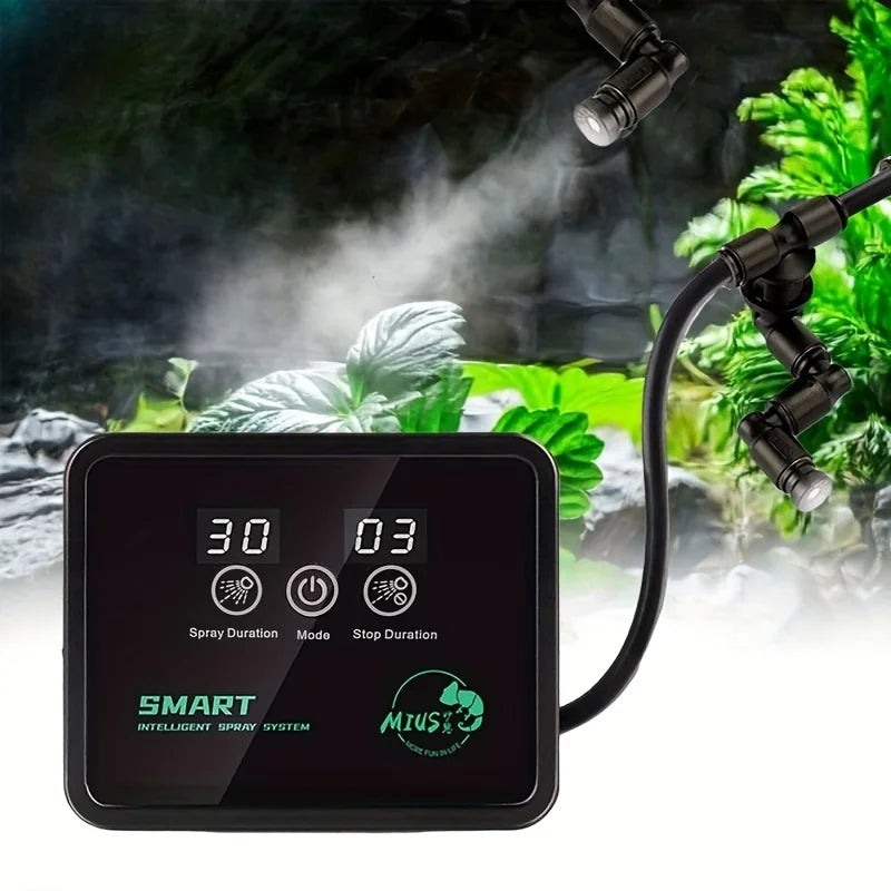 A black smart spray system device is shown with a hose, set against a background of lush green foliage and mist.