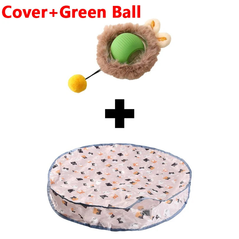 A fuzzy cover with a green ball is shown next to a flat, round pink and white patterned fabric item.