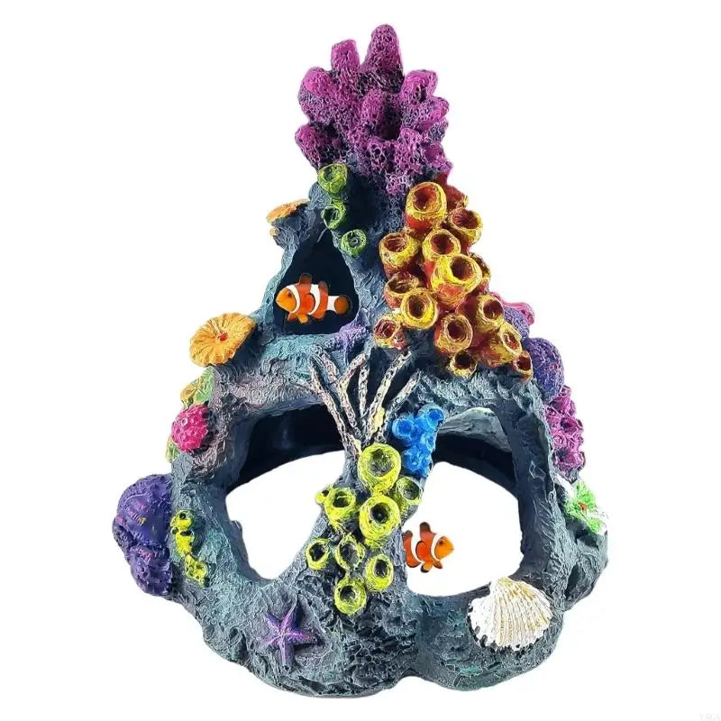A dark resin coral reef aquarium decor set featuring colorful sea creatures and textured marine life.