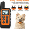 Collier de dressage électrique orange avec boutons (bip, vibration, choc), à côté d'un chien duveteux.