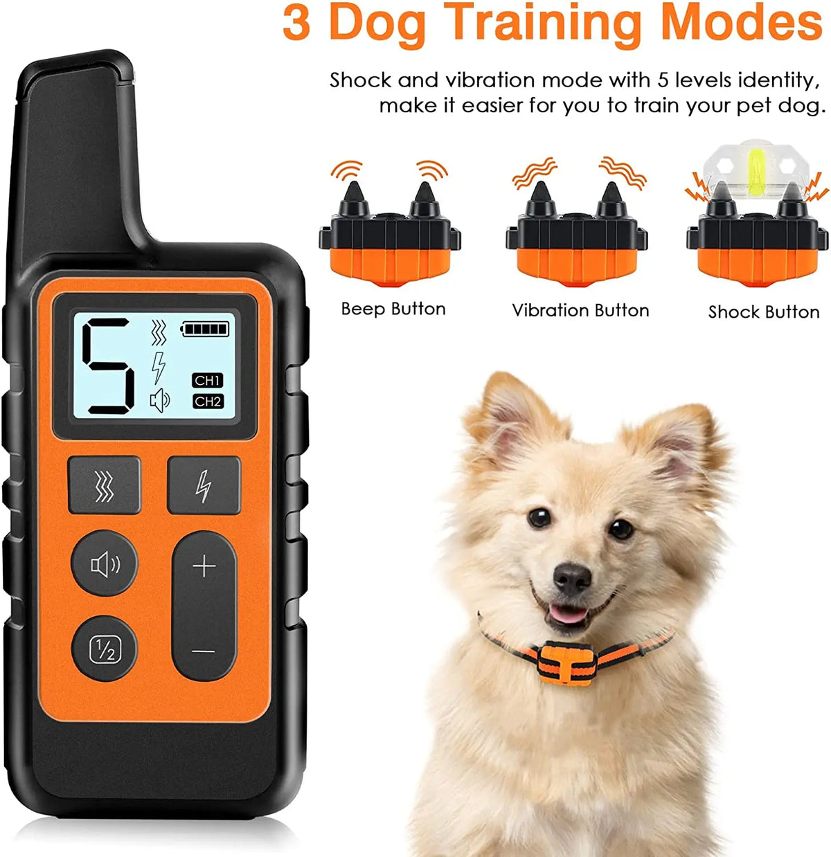 Collier de dressage électrique orange avec boutons (bip, vibration, choc), à côté d'un chien duveteux.