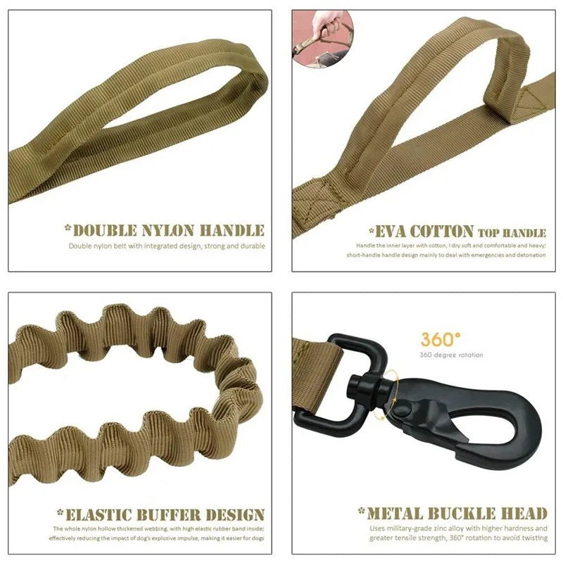 Tactical Dog Leash with Dual Handles and Shock-Absorbing Bungee