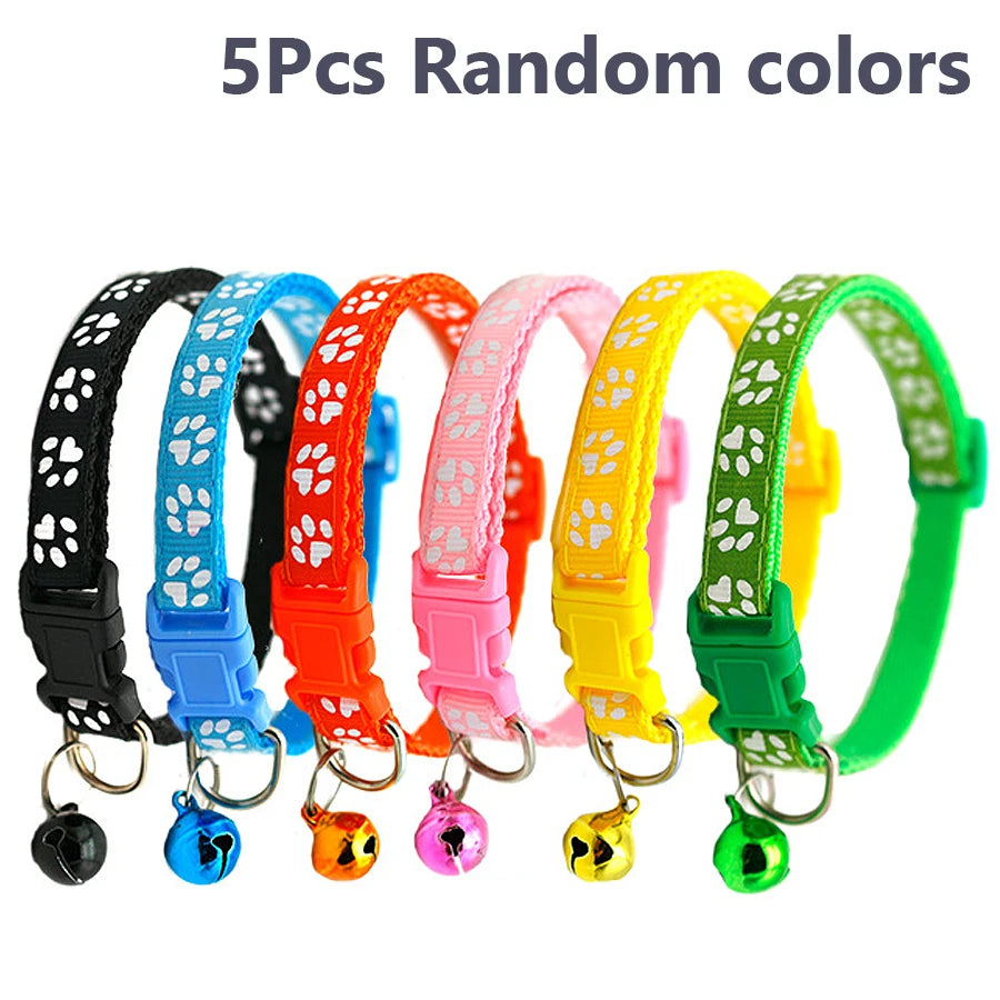 Five random colored adjustable pet collars with bells for dogs and kittens