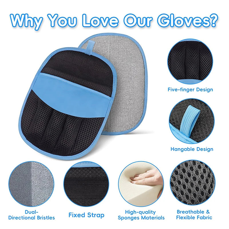 A set of reusable pet hair removal gloves shown with various features like five-finger design and breathable fabric.