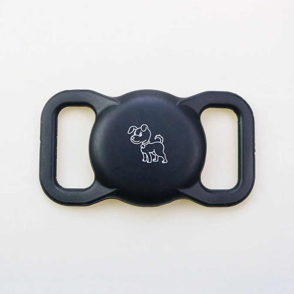 Schwarzer Silikonhalter mit Schlaufe zum Befestigen eines AirTags an einem Tierhalsband.