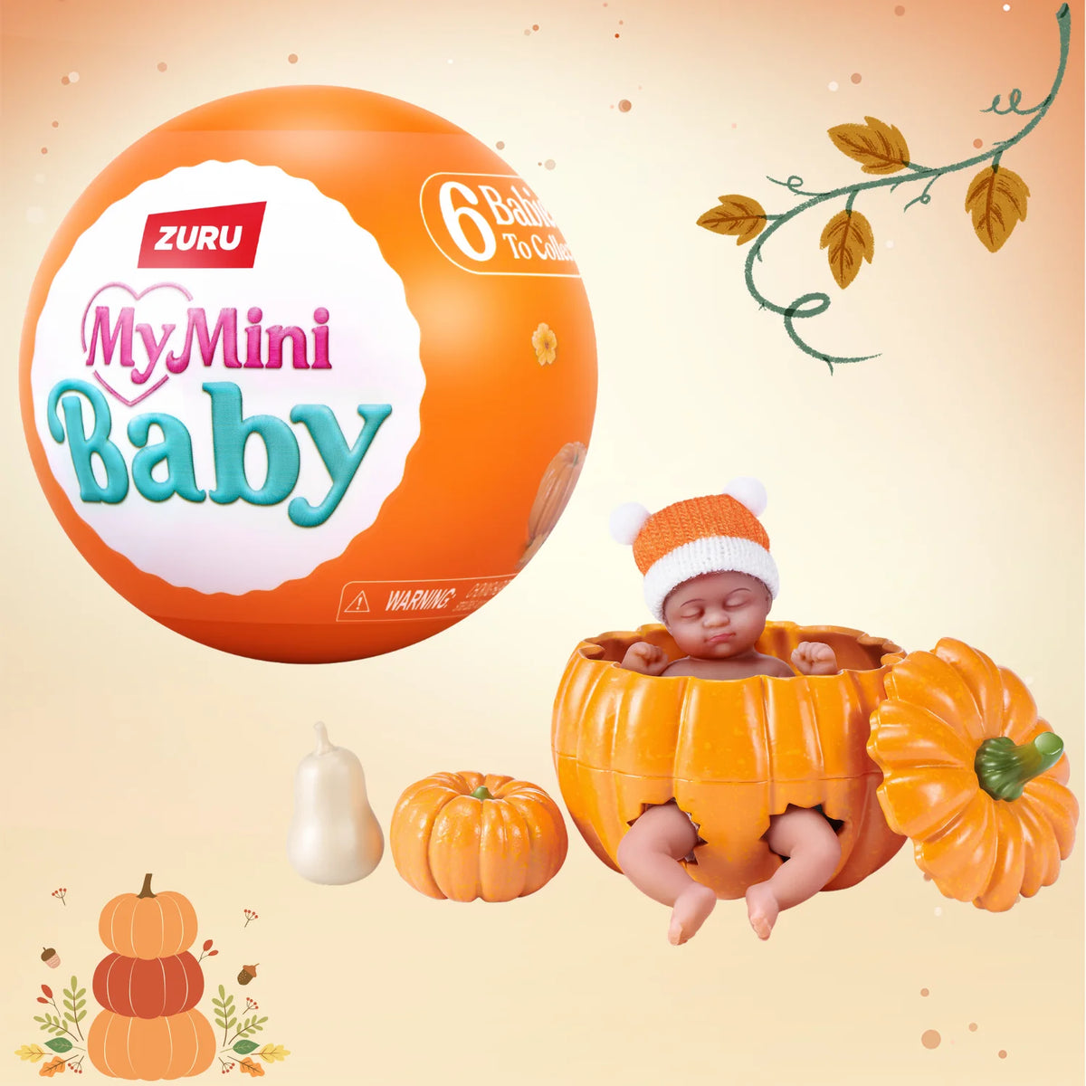 ZURU My Mini Baby pumpkin patch blind box collectible doll with a baby inside an orange pumpkin container