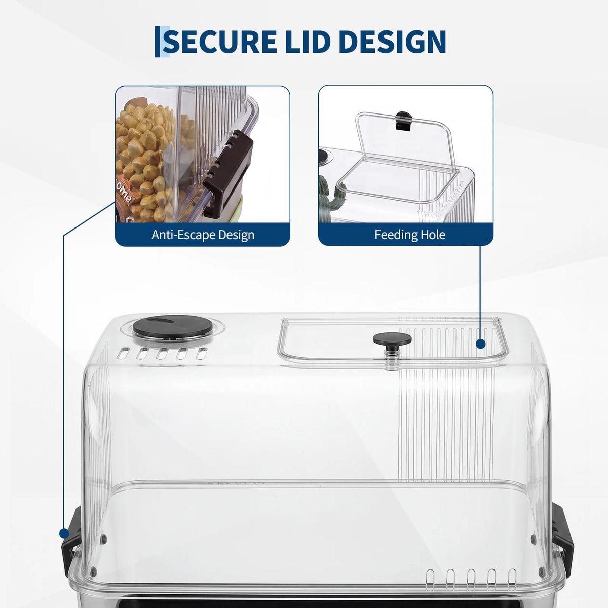 Clear plastic reptile habitat with a secure lid design and feeding hole features for a starter kit