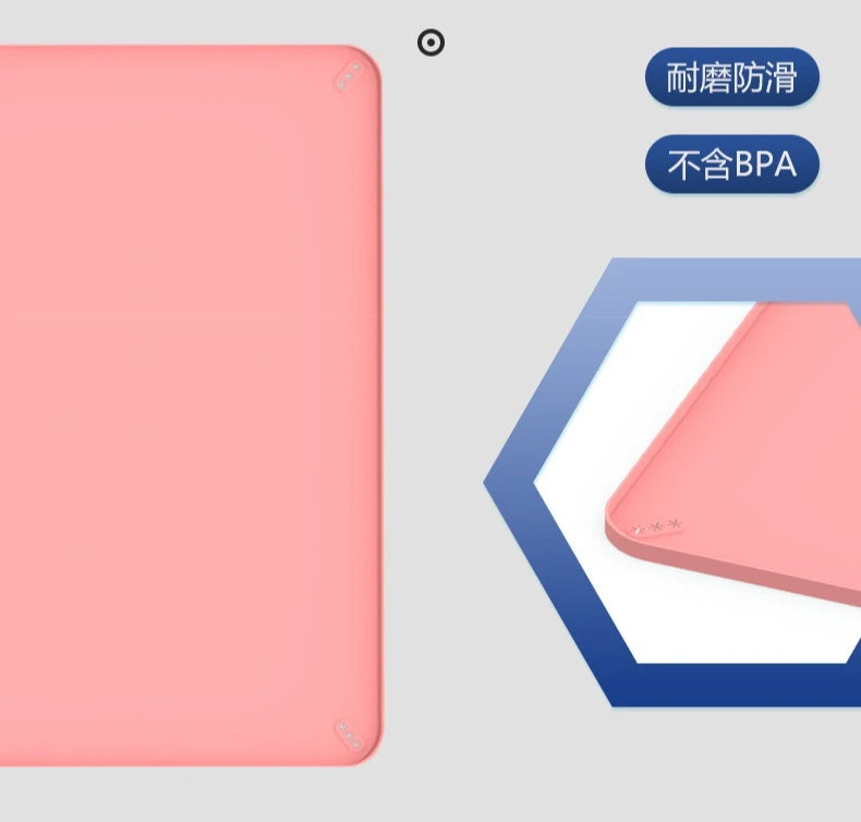 A pink silicone dog pee pad holder with raised edges shown next to a blue and white graphic indicating BPA-free protection.