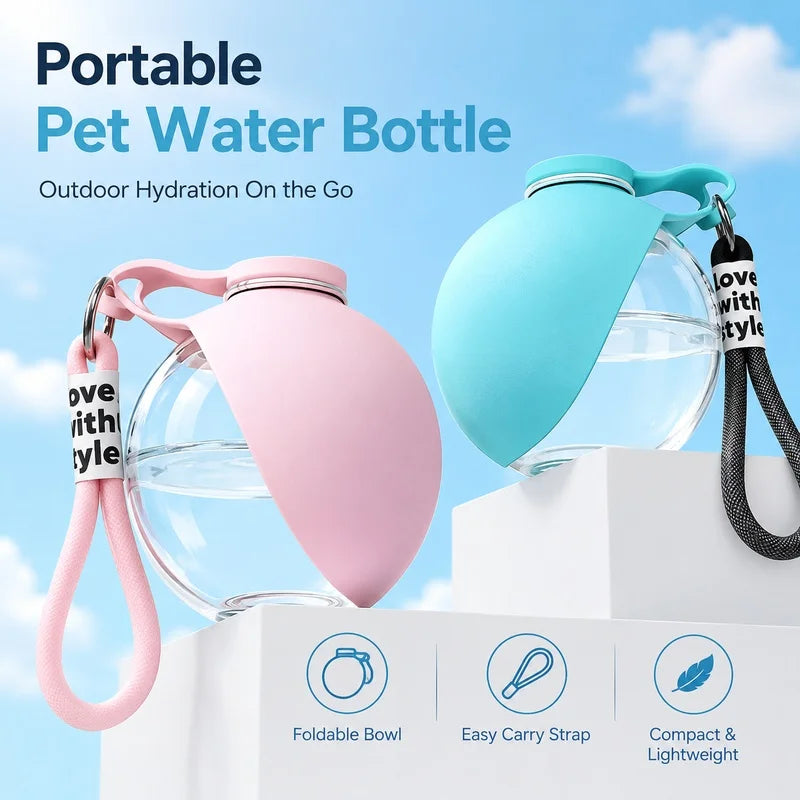 A pink and blue portable pet water bottle with a leak-proof stainless steel ball dispenser shown on a white surface.