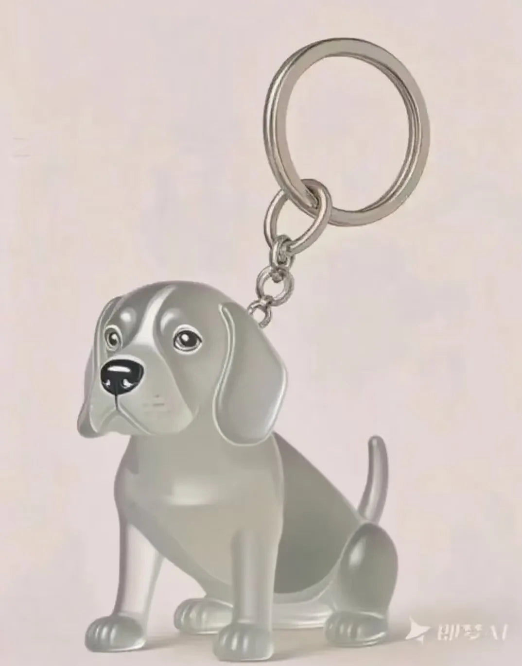 Figurine de chien argenté avec porte-clés et chaîne attachée.