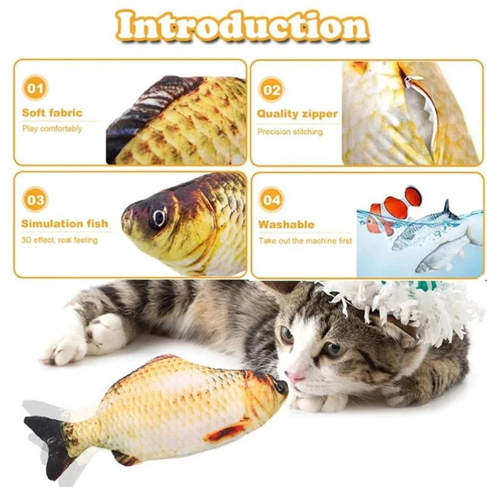 Introduction to a 3D fish-shaped interactive cat plush toy showing various features and the finished product.
