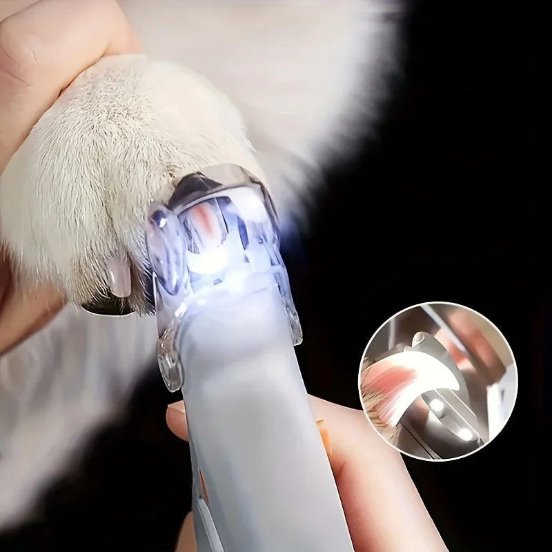 Una mano sostiene un cortacarnazos LED para mascotas, mostrando la luz y la punta metálica cerca de una pata de gato.