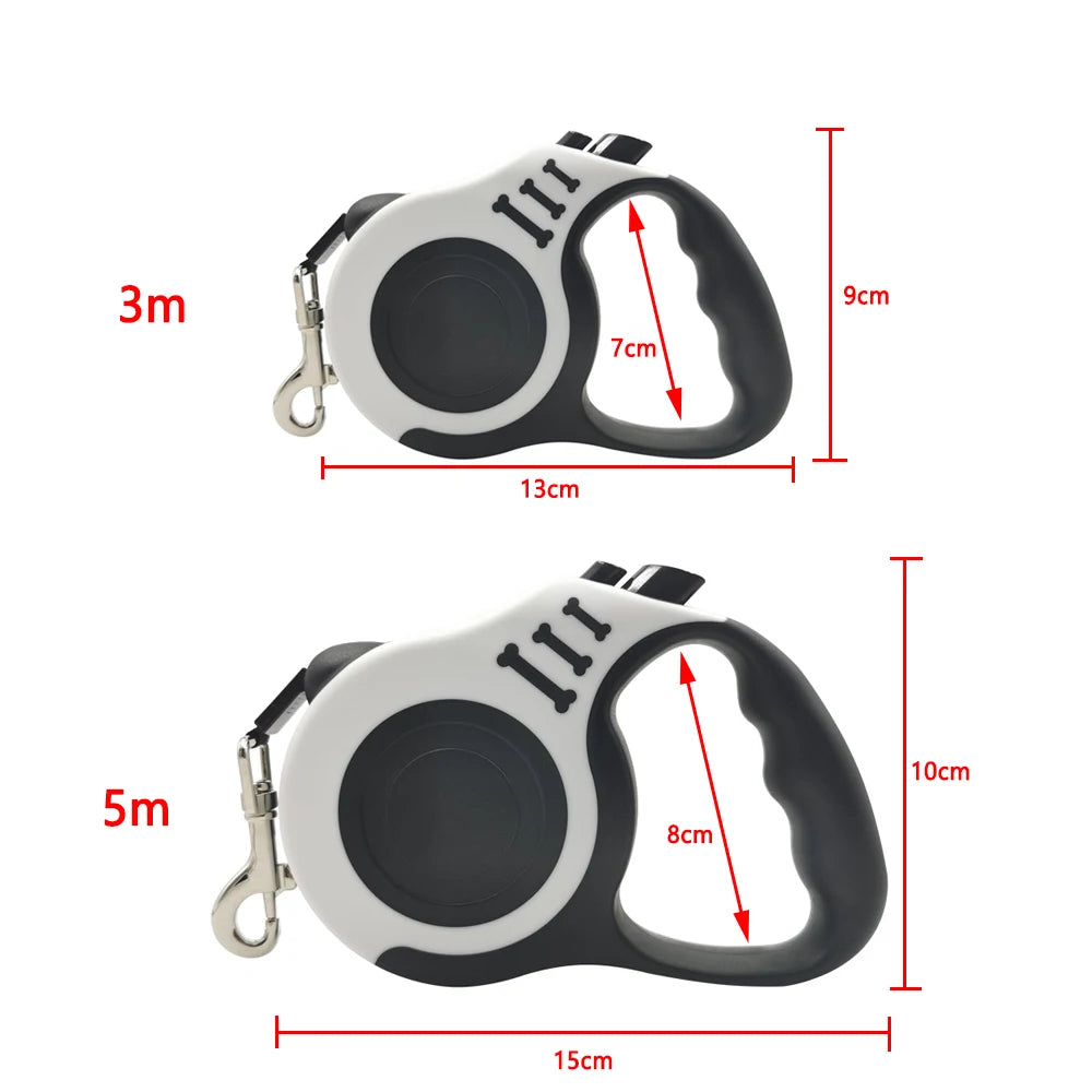 A white and black retractable dog leash is shown with various length measurements.