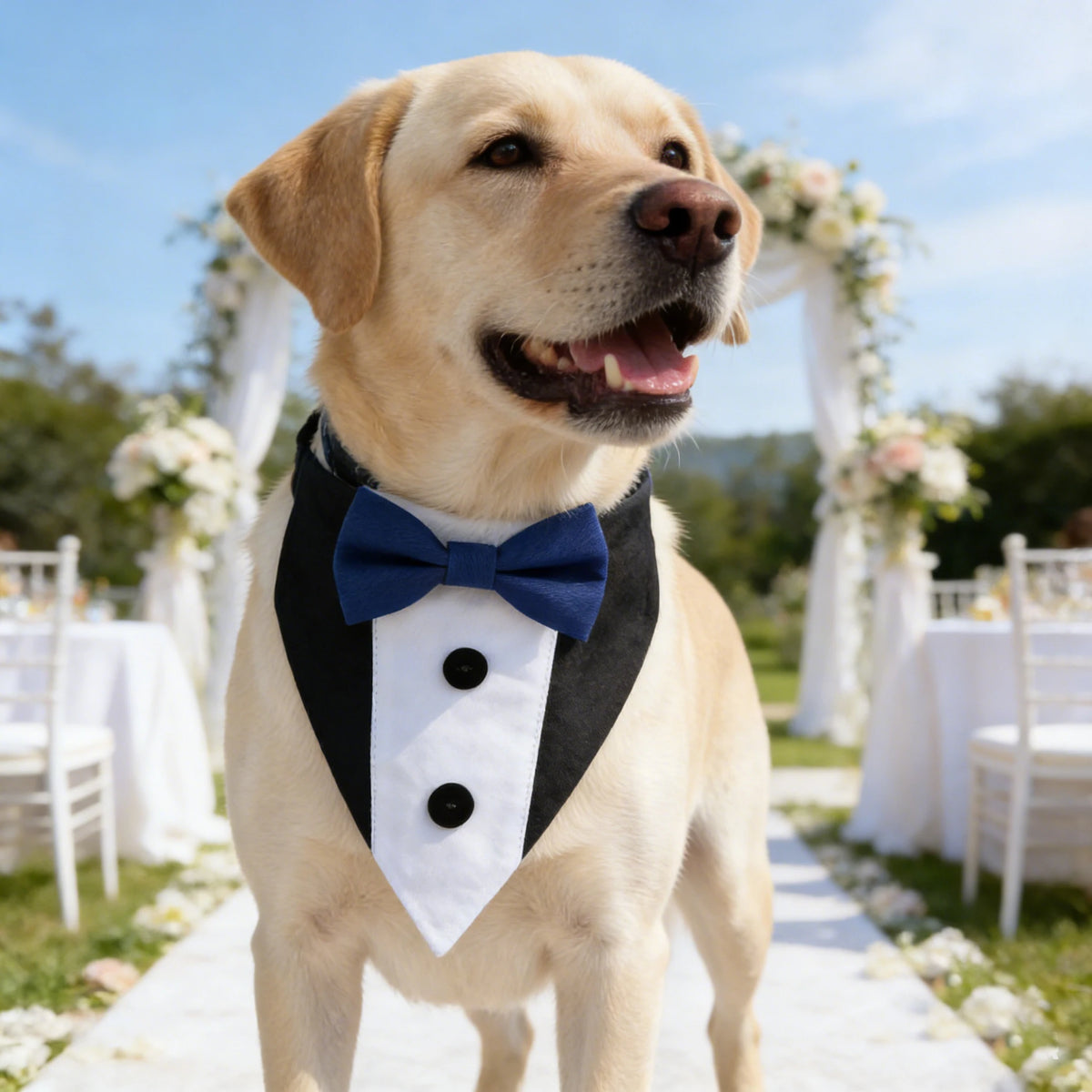 A golden Labrador dog wearing an elegant black and white bowtie collar walking down a white aisle for a wedding.