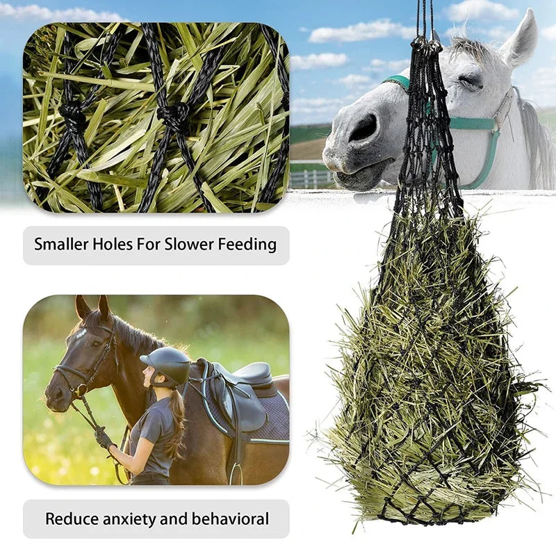 A close-up of a horse head covered in a green hay net designed for slower feeding.