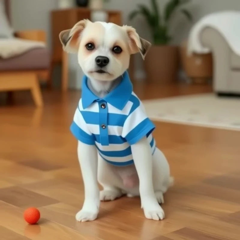 A small white dog wearing a blue and white striped polo shirt sits on a wooden floor.