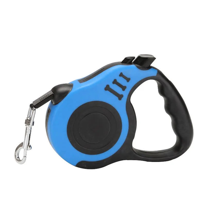 A blue and black automatic retractable dog leash with a black handle and metal clip.