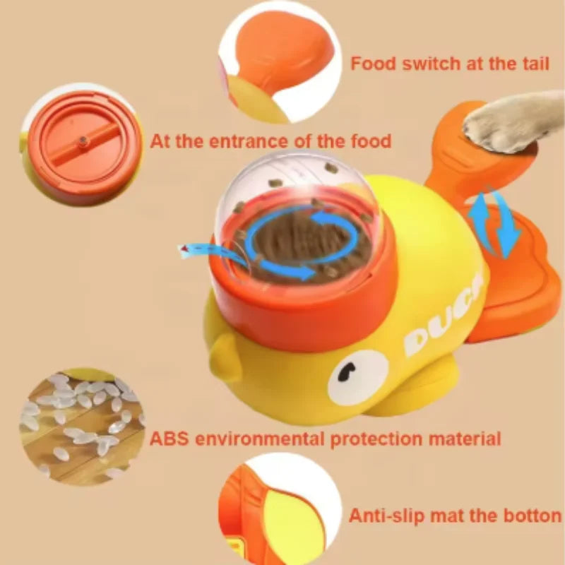 An interactive duck design slow feeder puzzle toy for dogs showing various features like a food switch and an anti-slip mat.