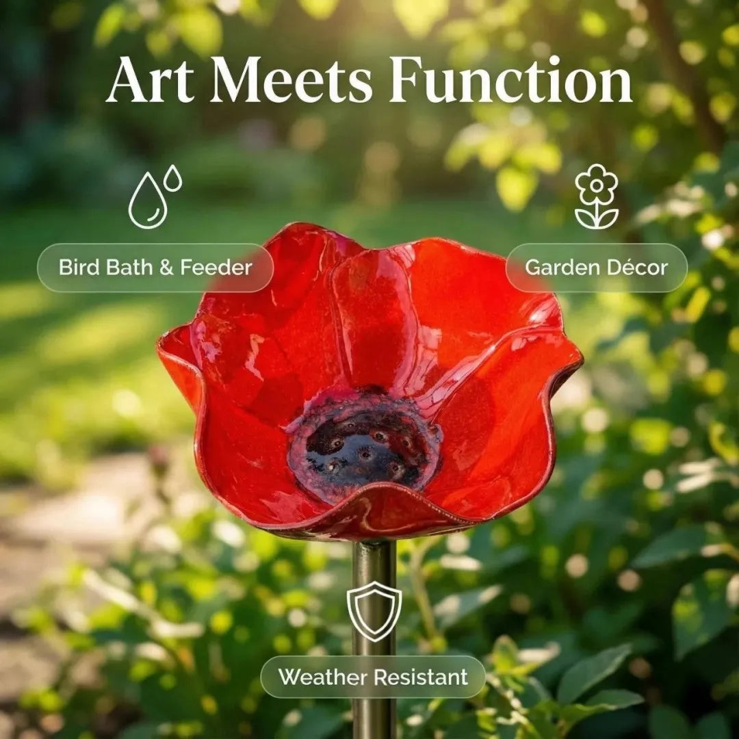 A red flower-shaped outdoor bird bath with a plug-in installation, designed for garden décor and feeding birds.