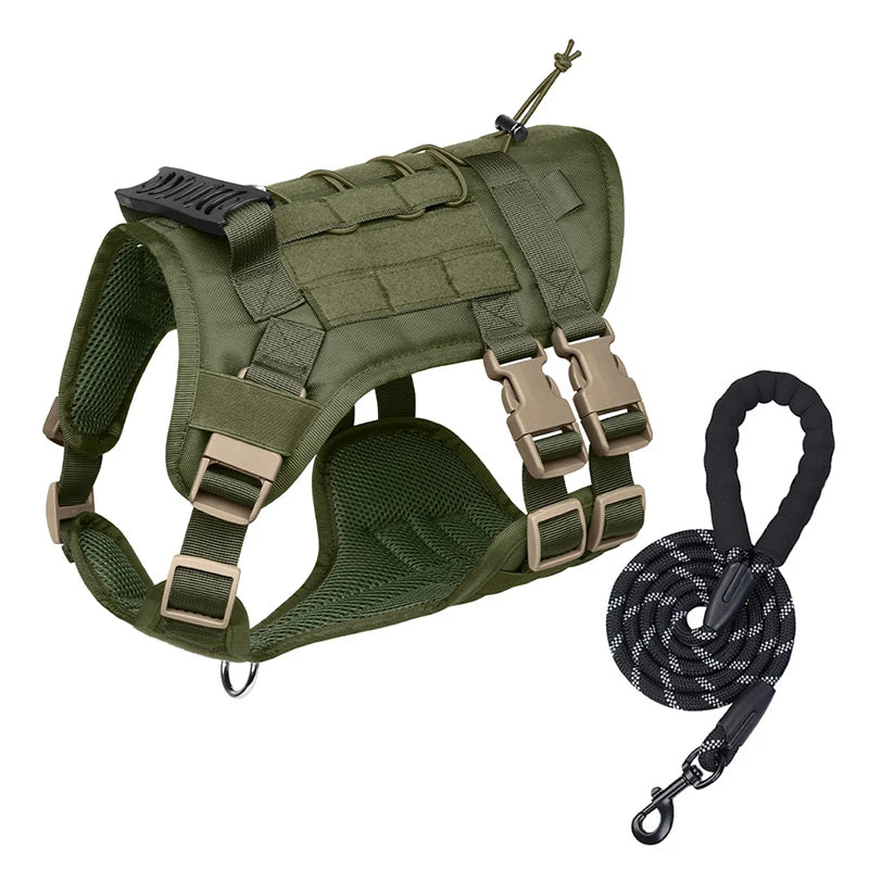 Olive green heavy-duty dog harness and leash set with a black coiled leash