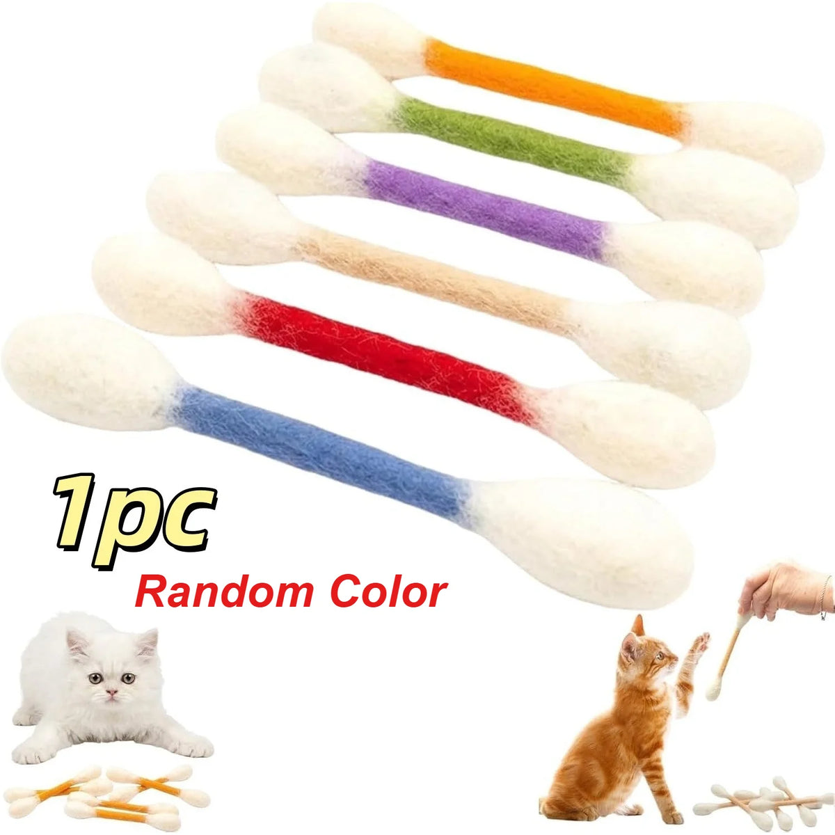 A set of five fluffy catnip wands in random colors, including white, purple, red, orange, and blue, shown next to a kitten.