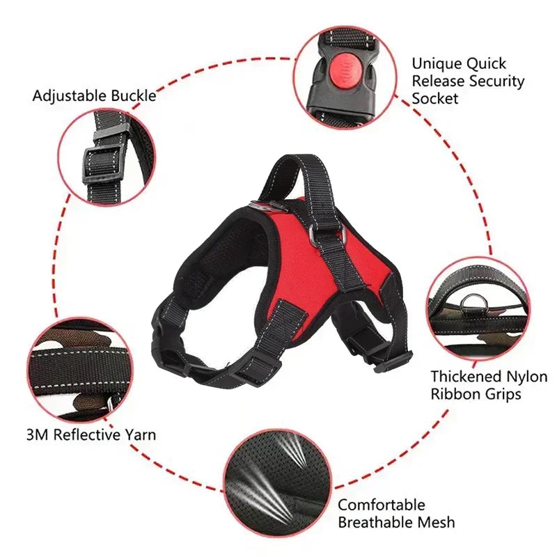 A red and black adjustable dog harness featuring a quick release socket, nylon grips, 3M reflective yarn, and breathable mesh