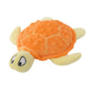 An orange and yellow plush toy shaped like a turtle for puppies