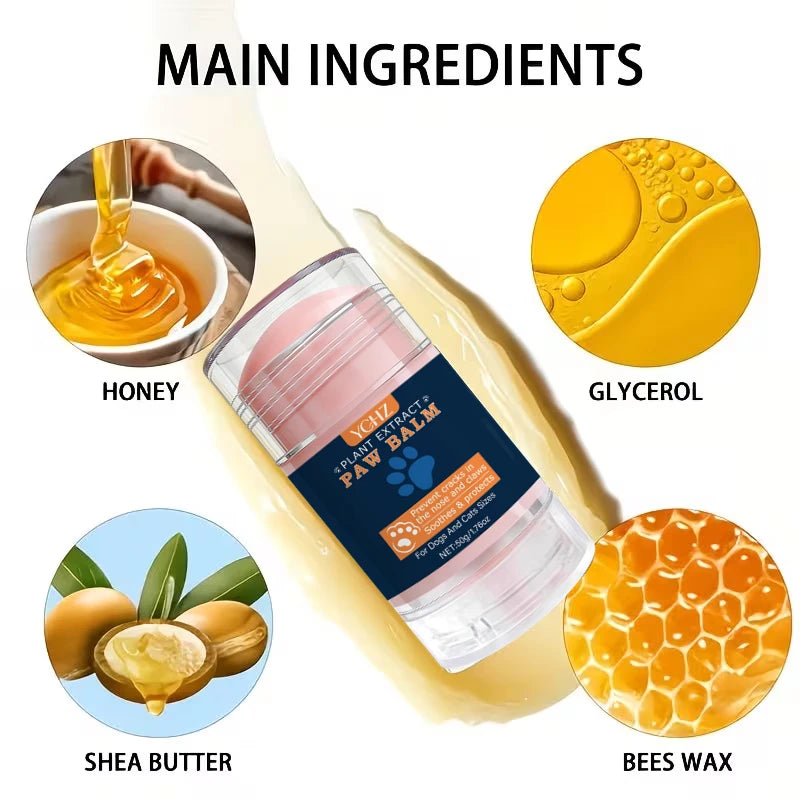 Main ingredients for a natural dog paw and nose moisturizing balm including honey, plant extract, paw balm, shea butter, and 