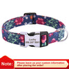 A dark blue floral print dog collar with a silver buckle and an engraved name tag.