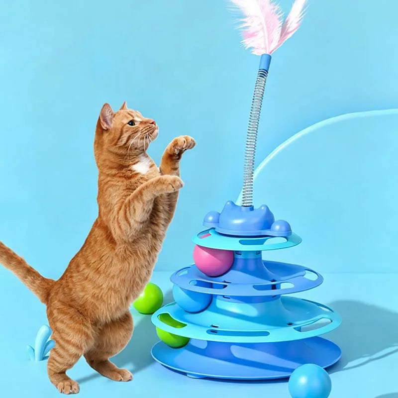 Interactive Cat Turntable Toy with Feather Wand and Rolling Ball