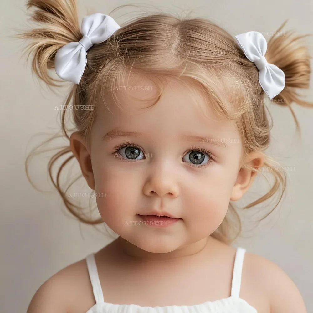 Gros plan d'une jeune fille aux cheveux blonds portant des élastiques blancs et un haut blanc.