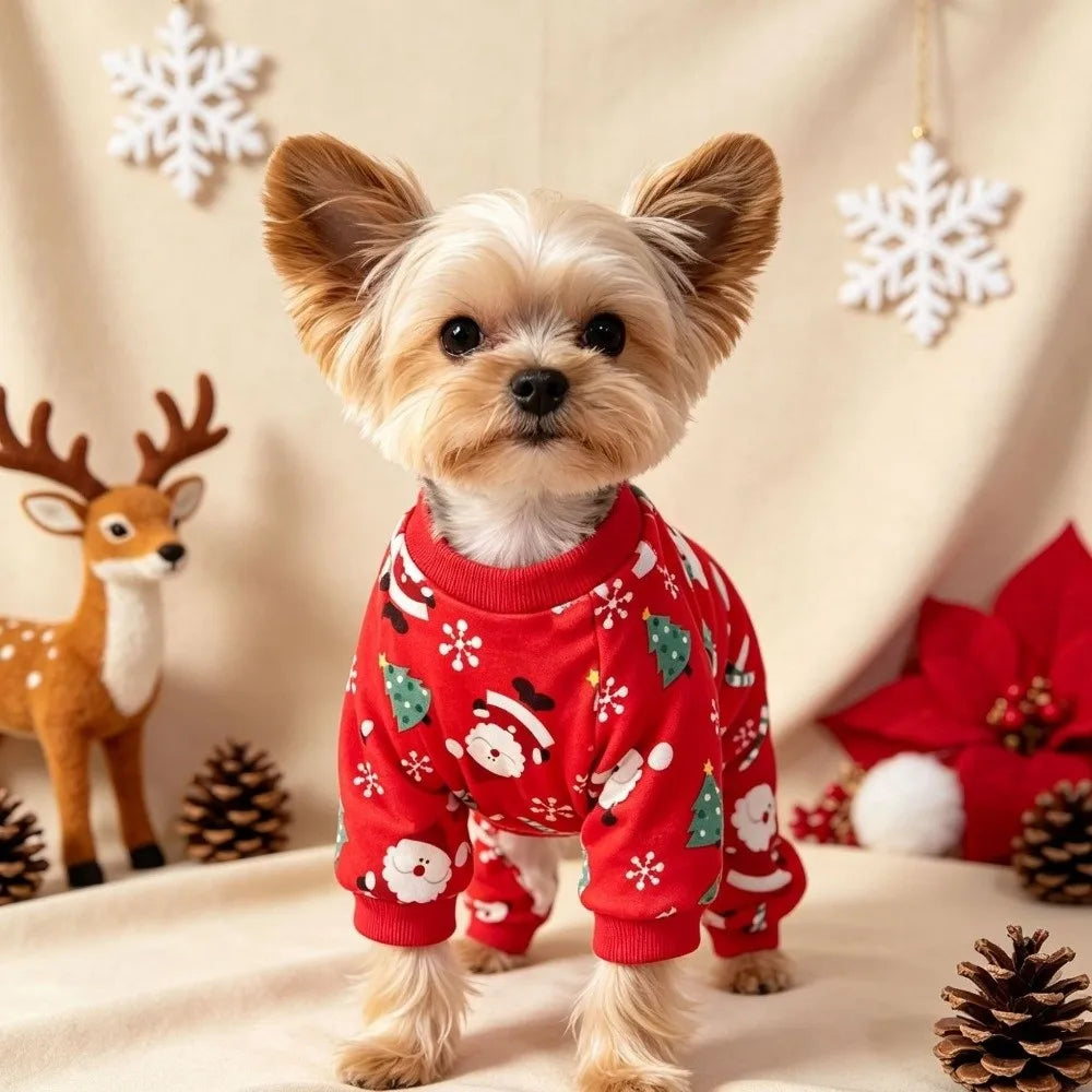 A small, fluffy dog wearing a red fleece pajama with a white Santa Claus and Christmas tree print.