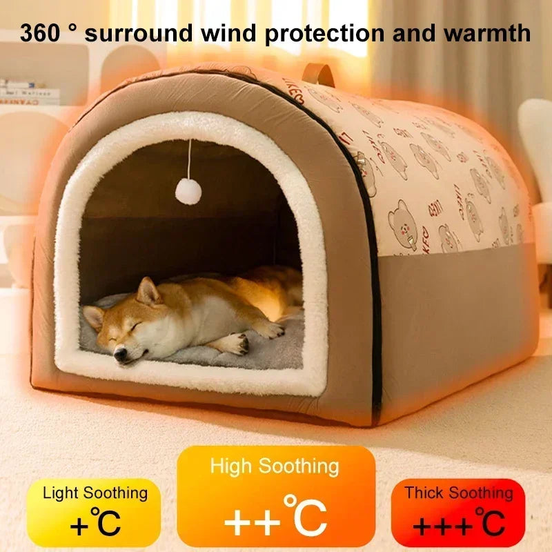 A beige pet bed with an arched entrance lined with soft material, designed for wind protection and warmth.