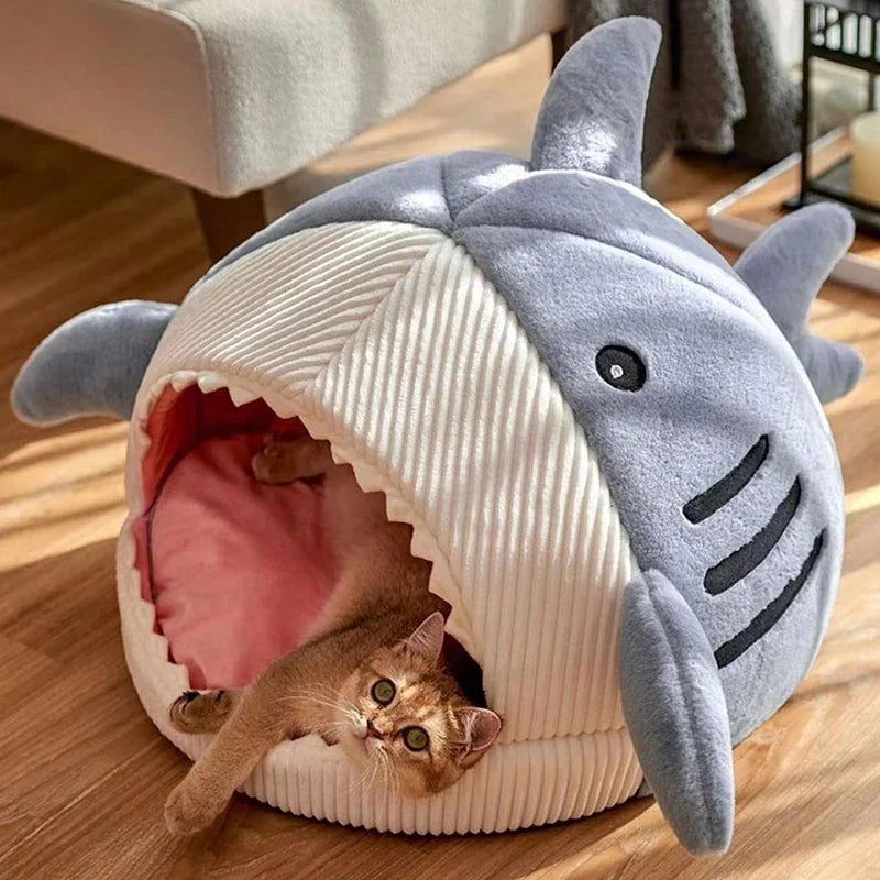 Cartoon Shark Pet Cave Bed for Cats and Small Dogs