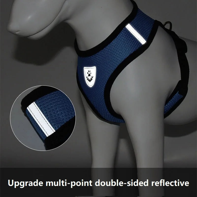A dark blue multi-point double-sided reflective harness is shown on a gray mannequin.