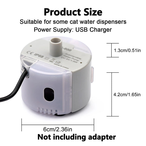 A white USB charger adapter suitable for cat water dispensers, measuring 6cm and 1.3cm thick.