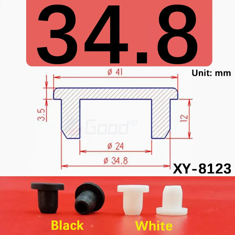 Black and white silicone rubber hole plugs shown with dimensions for sealing