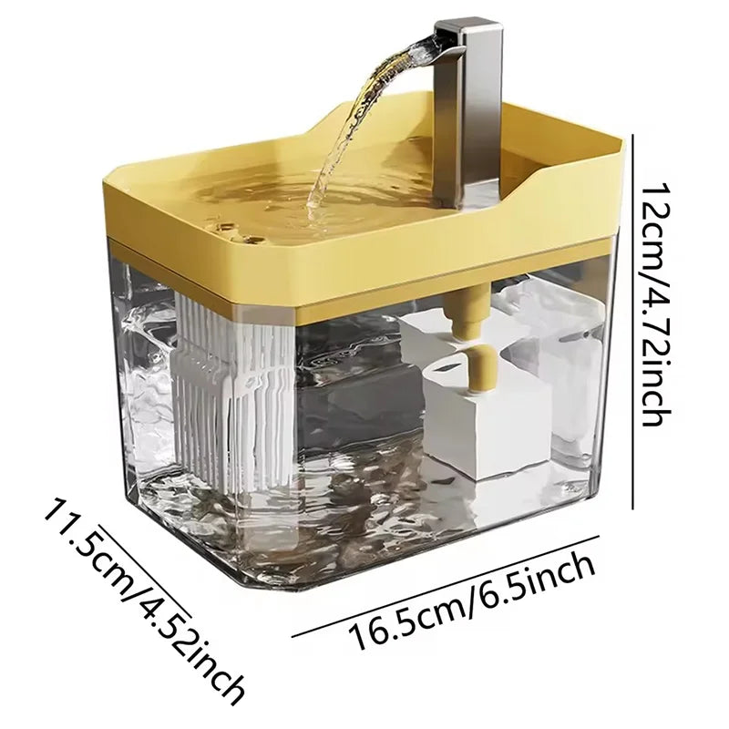 A clear glass automatic cat water fountain with a gold-colored dispenser and a white filter insert.