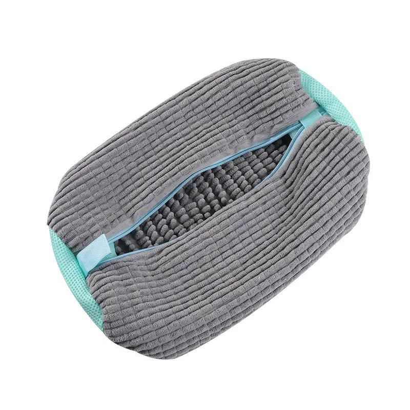 A gray and teal durable shoe washing bag designed for machine use.