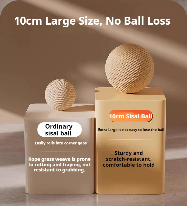 A large 10cm sisal ball toy is shown next to its packaging, demonstrating a sturdy and scratch-resistant material.