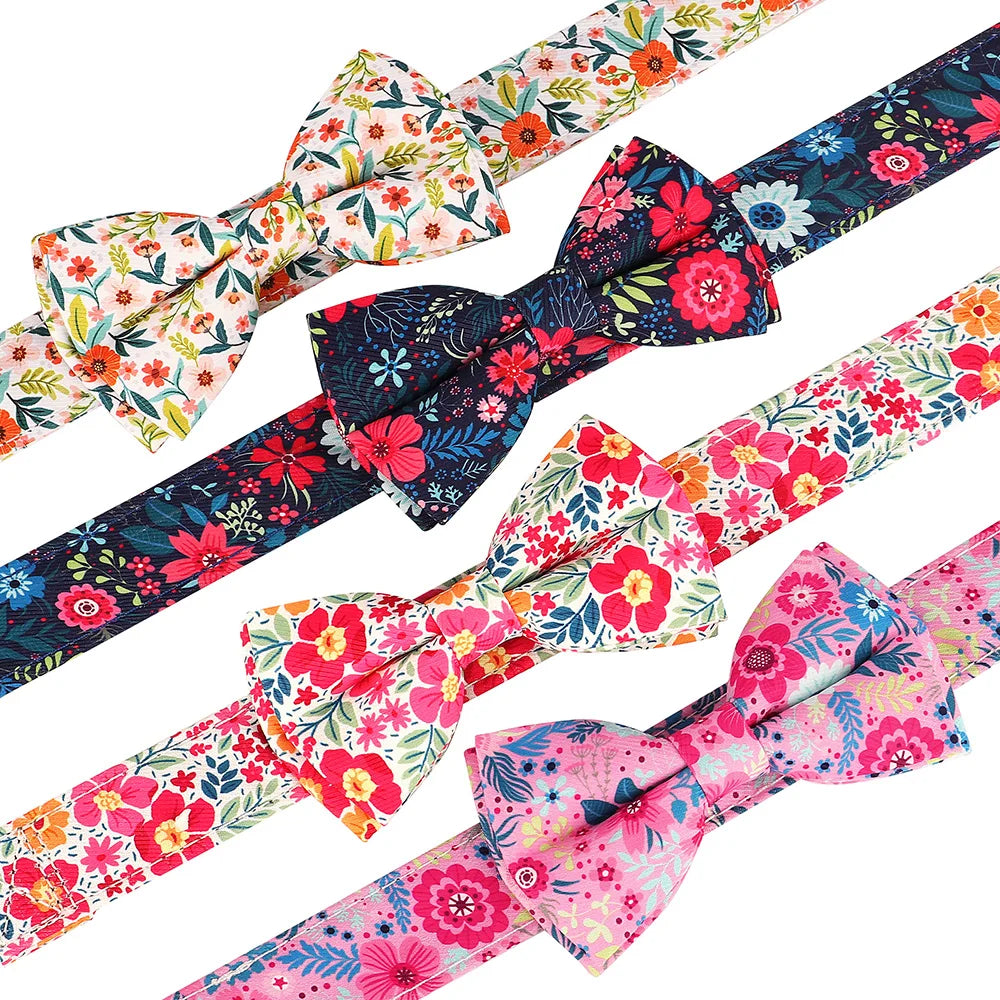 Floral nylon dog collar featuring adjustable bowknot in pink, red, and green patterns
