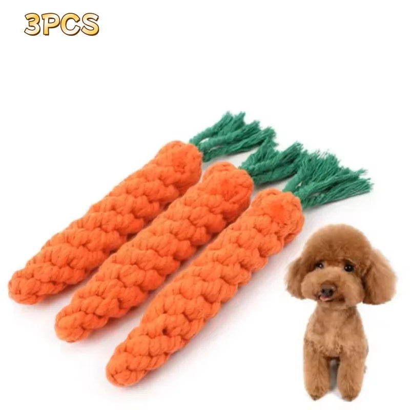 Three plush carrot toys with green leaves for cat teething and scratching